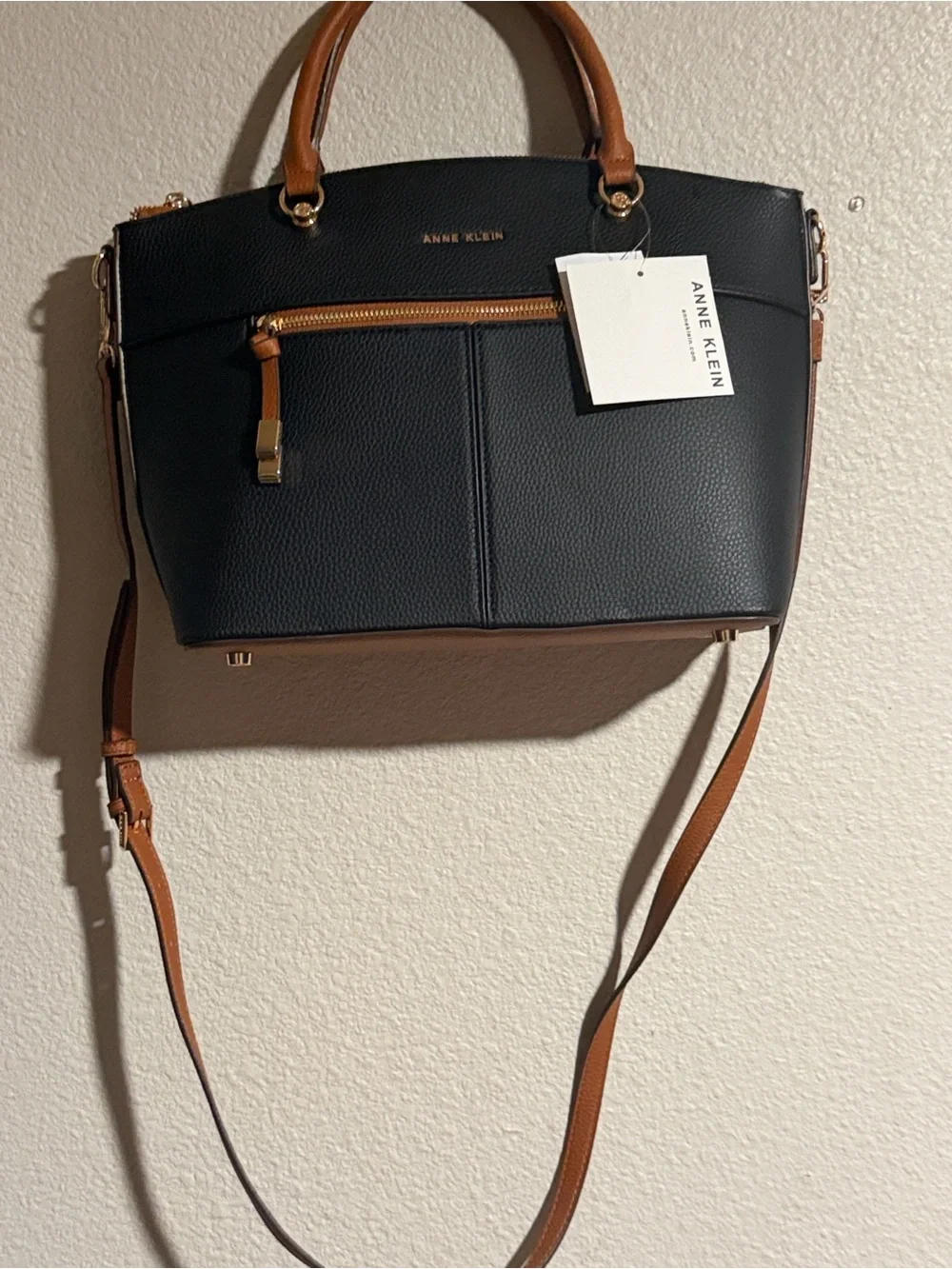 Anne Klein Black Satchel with Tan Trim and Gold Hardware